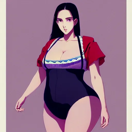 Image similar to a beautiful plus sized model japanese natalie portman, alluring plus sized model, wearing mayan leotard with overalls, street fashion hip hop style with mayan patterns, aztec street fashion, gapmoe yandere grimdark, trending on pixiv fanbox, painted by greg rutkowski makoto shinkai takashi takeuchi studio ghibli, akihiko yoshida