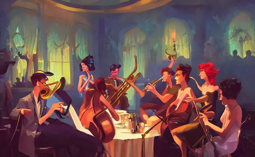 Prompt: the enchanted jazz band party with musicians and a glamorous female singer, behance hd artstation by jesper ejsing, by rhads, makoto shinkai and lois van baarle, ilya kuvshinov, ossdraws