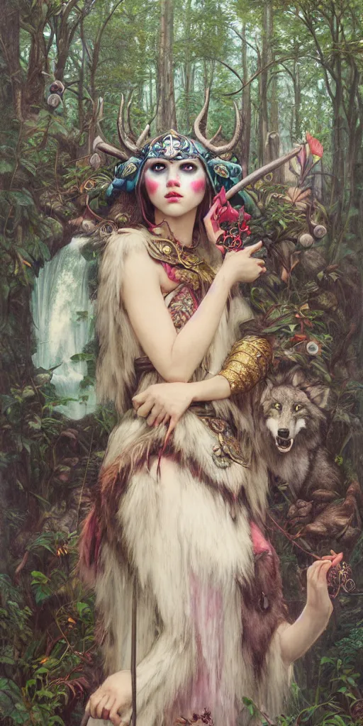 Image similar to hyper realistic Princess Mononoke in her mask, lush rainy forest landscape, wolves, magic, castle, jewels, style of tom bagshaw, mucha, james gurney, norman rockwell, gems and gold, waterfalls, denoised, sharp,