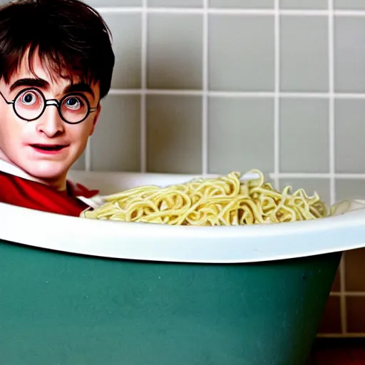 Image similar to Harry potter sitting in a bathtub full of noodles