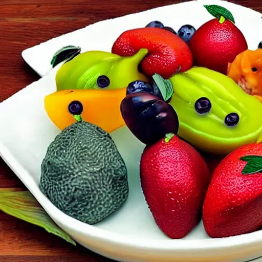 Image similar to alien fruits on a plate, fruits from a different planet, realistic, extraterrestrial