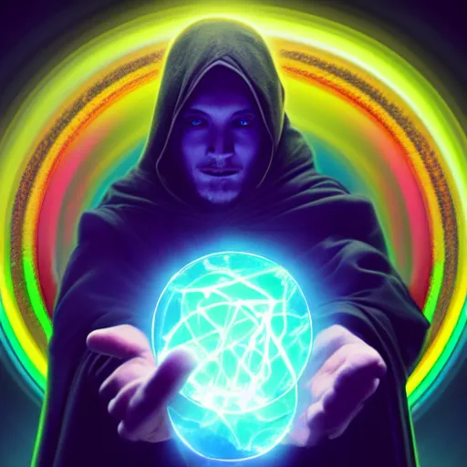 Image similar to a warlock is casting a magic spell, while magic orb is floating in his hand, the magic orb emit a rainbow vapour, dynamic pose, chromatic aberration , medium level shot, Mucha style , Grim fantasy, illustration ,concept art,