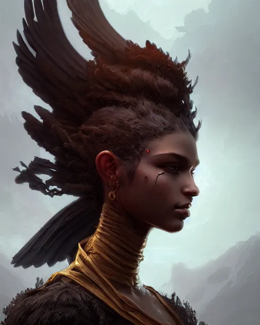 Prompt: fantasy portrait of half head of a dark angel, caramel. rugged, highly detailed, moist foggy, intricate background, complex 3 d render by ilya kuvshinov, peter mohrbacher. unreal engine, blender, octane, ray tracing. sharp focus, masterpiece, post processing, deviantart