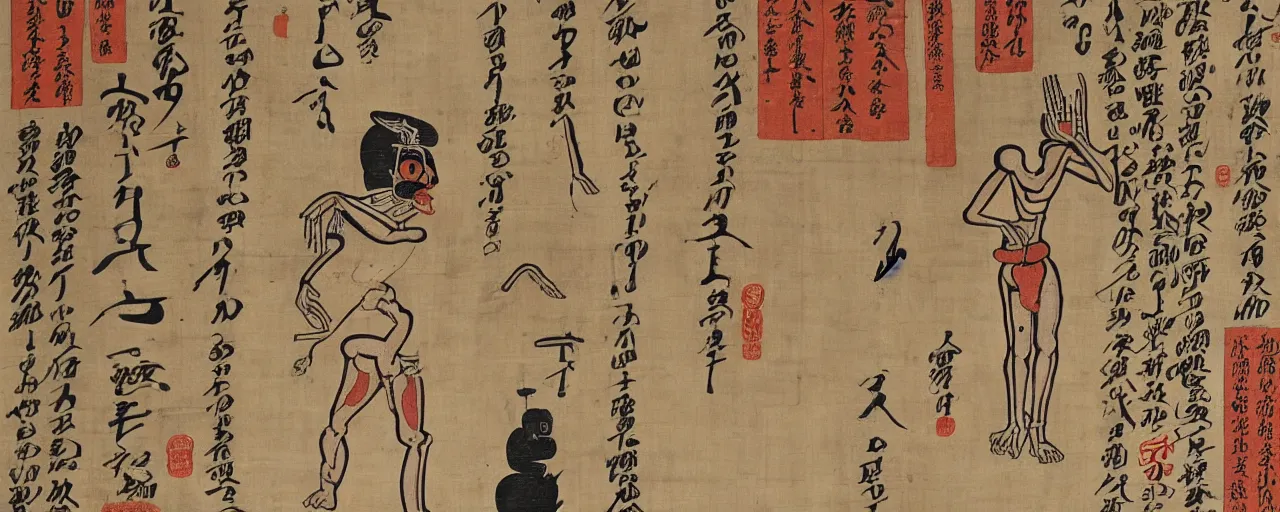 Image similar to an ancient papyrus depicting a japanese yokai's anatomy and information, ukiyo - e style