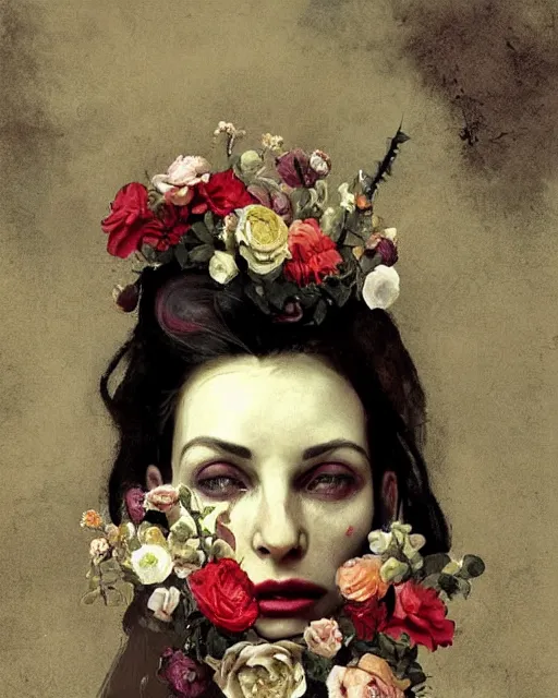 Prompt: a beautiful and eerie baroque painting of a beautiful but serious woman in layers of fear, with haunted eyes and dark hair piled on her head, 1 9 7 0 s, seventies, floral wallpaper, wilted flowers, a little blood, morning light showing injuries, delicate embellishments, painterly, offset printing technique, art by brom, robert henri, walter popp