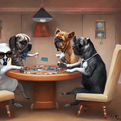 Prompt: a painting of hipster dogs playing poker, in the style of greg rutkowski