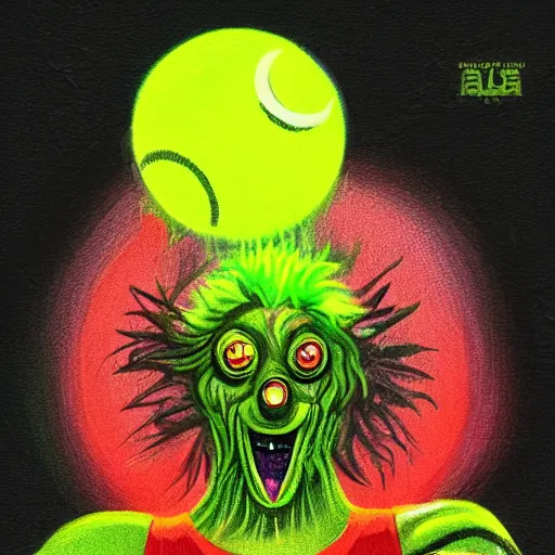 Image similar to a tennis ball monster, tennis ball, dark, chalky, zeus,thor, digital art, fantasy, magic, trending on artstation, ultra detailed, professional illustration by Basil Gogos