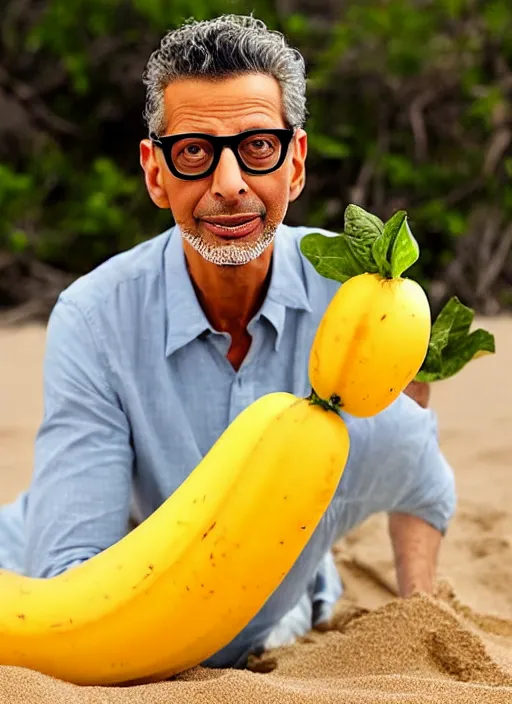 Image similar to jeff goldblum as polymorphic banana tomato raspberry on the sand of a beach