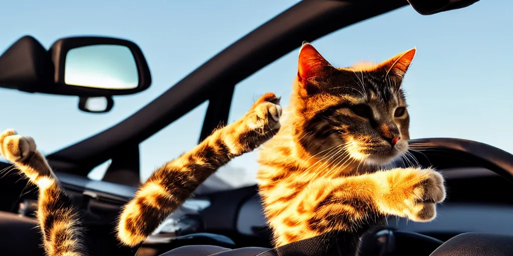 Prompt: side view of convertible, cat homies chilling in car, paws on steering wheel, golden hour, clear sky