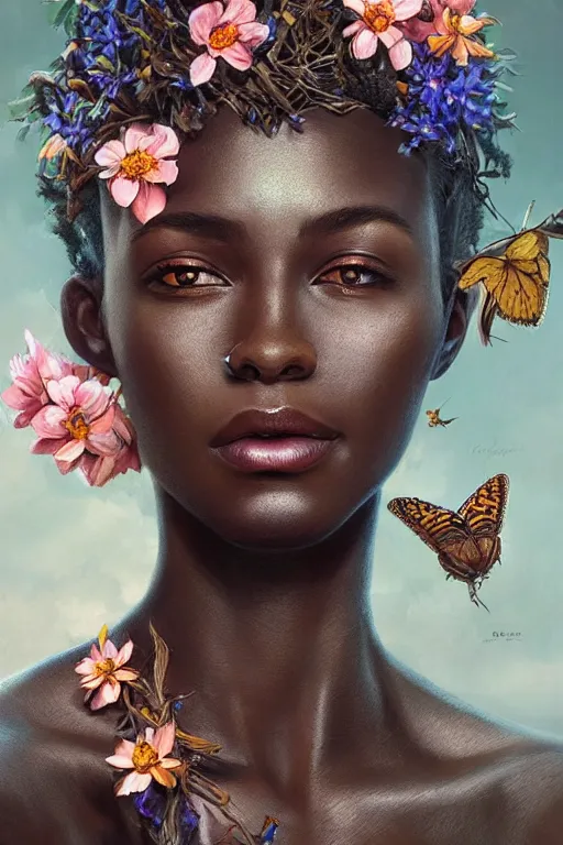 Prompt: ultra realistic illustration, beautiful african woman, with flowers, butterflies, birds, branches sprouting from her head, elegant, highly detailed, digital painting, concept art, soft, sharp focus, illustration, fine art by artgerm and greg rutkowski and alphonse, much