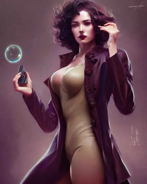 Prompt: lady in seductive coat and pantyhose, cosmic horror style, intricate, seductive confident pose, realistic, highly detailed, digital painting, art by wlop and artgerm and ross tran and greg rutkowski, charlie bowater