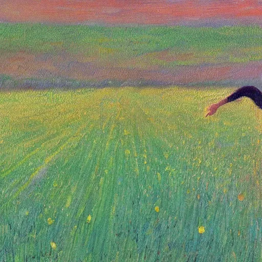 Prompt: A bipedal piece of garlic bread frolicking through a field towards the sun on a distant horizon, impressionistic, vivid