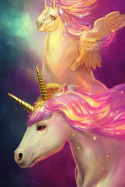 Image similar to beautiful Unicorn in gold and purple pink soft lighting, symmetrical portrait, high quality, cinematic by WLOP and Rossdraws, concept art of the character. Epic composition, hyperrealism, award-winning artwork, realistic hair, artstation trend, high quality printing, fine art with subtle redshift rendering