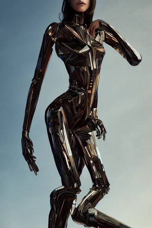 Image similar to full figure portrait, dynamic pose, of a thin elongated female android made of chrome and woodgrain, lean sleek styling, feminine curves, reflective, inscribed etched with gnostic runes, by jessica rossier