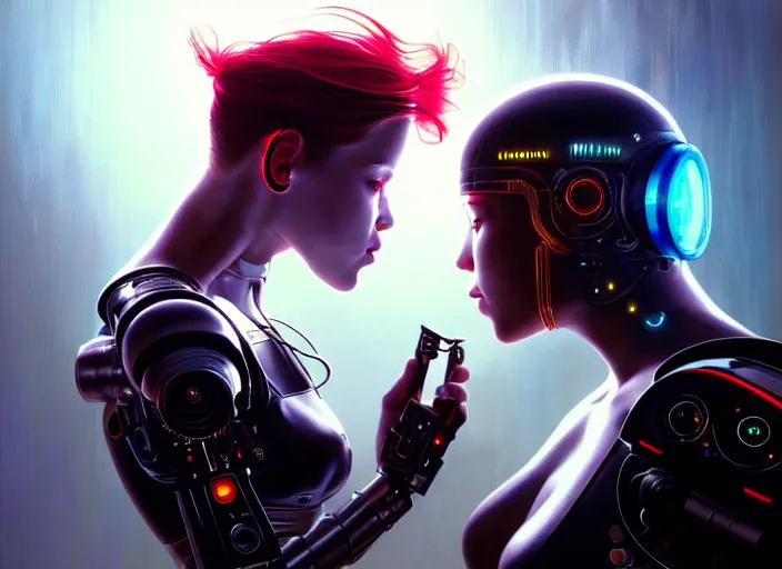 Image similar to ultra realistic medium shot of a couple of cyborgs kissing, lovers, cyberpunk, sci - fi, fantasy, kodak, colour led, soft light, volumetric lighting, fog, light rays, night, intricate, highly detailed, digital painting, concept art, smooth, sharp focus, illustration, art by artgerm and greg rutkowski and alphonse mucha