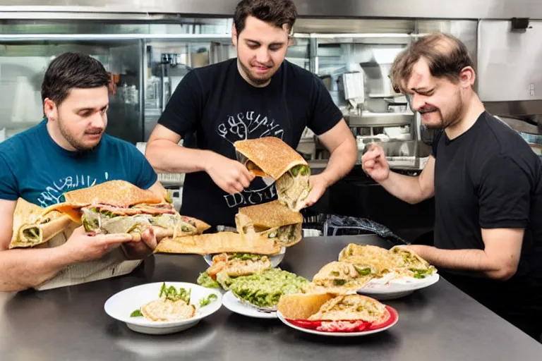 Prompt: software engineers eating italian deli sandwiches