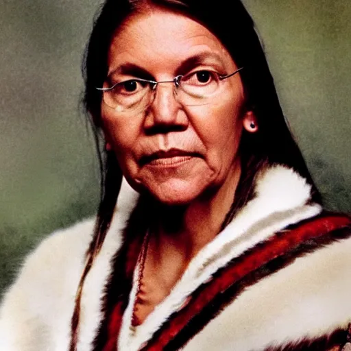 Prompt: photo of elizabeth warren as an american indian squaw from 1 8 5 0's,