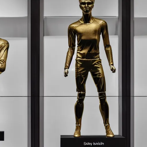 Image similar to a realistic detailed photo of a guy who is an attractive humanoid who is half robot and half humanoid, who is a male android, soccer players martin ødegaard, shiny skin, posing like a statue, blank stare, in a museum, on display, showing off his muscles, gold soccer shorts, ground view