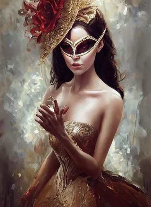 Image similar to a beautiful woman wearing an elaborate masquerade mask and matching ballgown, looking at the viewer with an alluring expression. painting by artgerm and greg rutkowski and magali villanueve