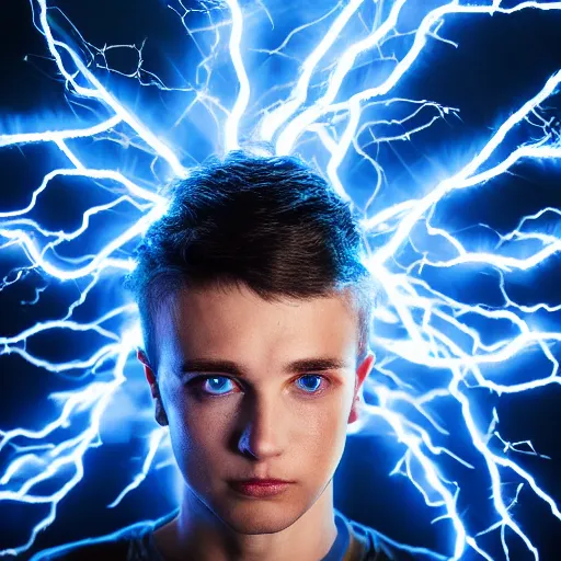Image similar to a young man with glowing blue eyes sparkling with blue lightning. sparks. electricity. sharp focus. highly detailed. photo realistic. uhd. by sparth. albert aublet. huang guangjian.