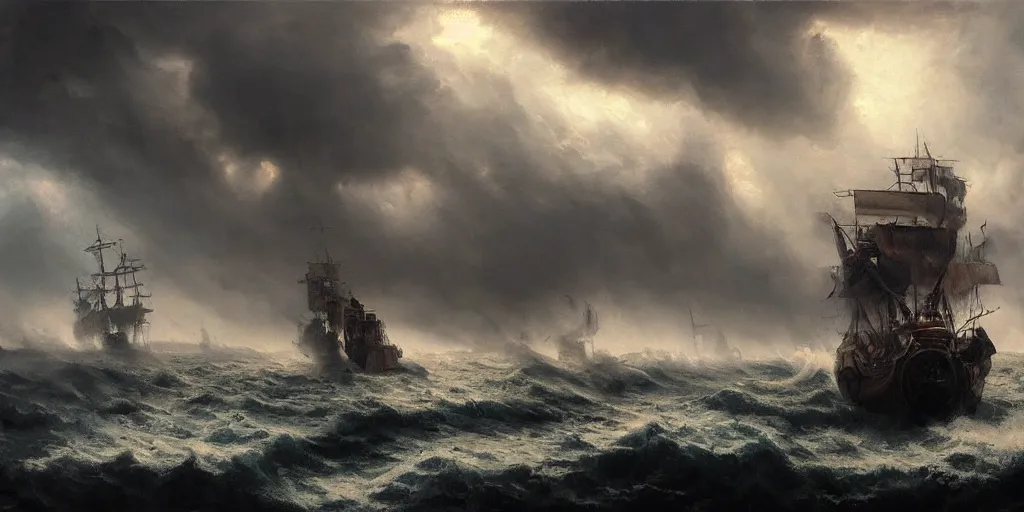 Prompt: A hyper realistic oil painting of a pirate ship in a storm, dark clouds above, fog, lightning lights the sky, by Greg Rutkowski, hyper detailed, trending on artstation