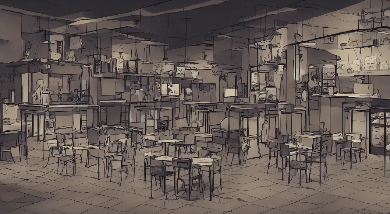 Prompt: Empty coffee shop at night in anime style, trending on Artstation