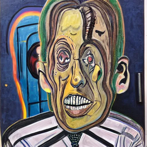 Prompt: A street art. A rip in spacetime. Did this device in his hand open a portal to another dimension or reality?! cutaway by Alice Neel frightful