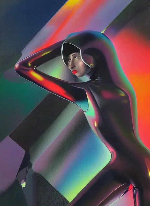 Image similar to futuristic lasers tracing, colorsmoke, leather fullbodysuit, pyramid hoodvisor, raindrops, wet, oiled, beautiful cyborg girl, by steven meisel, kaws, rolf armstrong, mondrian, kandinsky, perfect geometry abstract acrylic, octane hyperrealism photorealistic airbrush collage painting, dark monochrome, fluorescent colors, minimalist rule of thirds, eighties eros