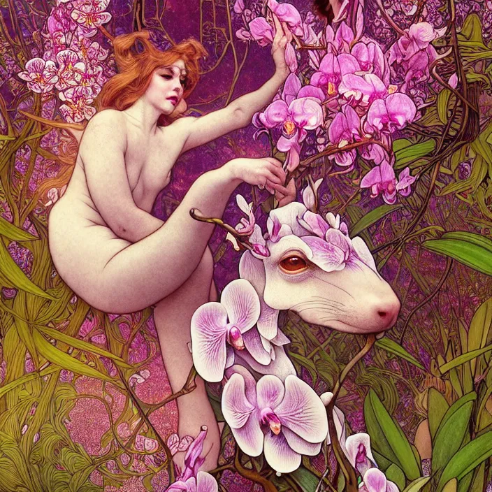 Prompt: psychedelic LSD animal, orchid, cherry blossom tree, mushrooms, diffuse lighting, fantasy, intricate, elegant, highly detailed, lifelike, photorealistic, digital painting, artstation, illustration, concept art, smooth, sharp focus, art by John Collier and Albert Aublet and Krenz Cushart and Artem Demura and Alphonse Mucha and Giuseppe Arcimboldo