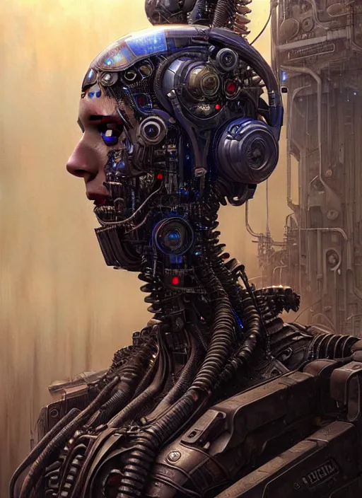 Image similar to portrait of a cyborg, hyper detailed masterpiece, dystopian background, jean giraud, digital art painting, darkwave goth aesthetic, lovecraftian, artgerm, donato giancola and tom bagshaw