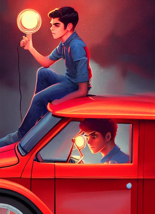 Image similar to teenage archie andrews, in a red ford model t, intricate, elegant, glowing lights, highly detailed, digital painting, artstation, sharp focus, illustration, art by wlop, mars ravelo and greg rutkowski