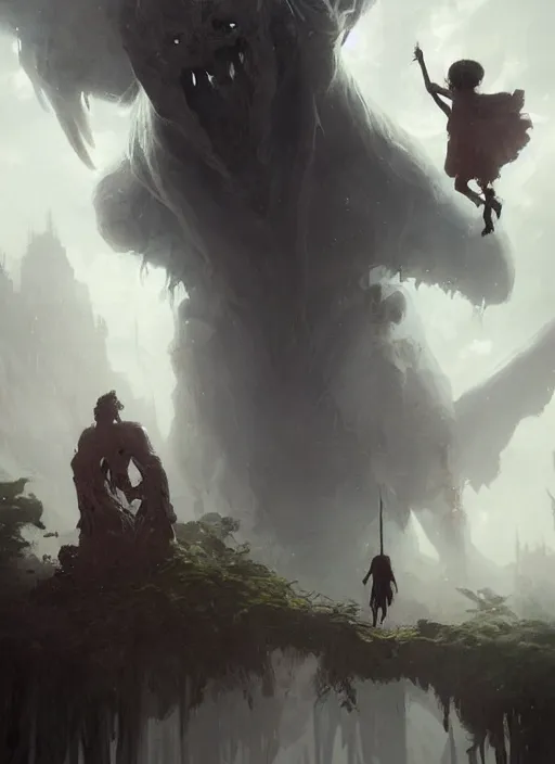 Image similar to a beautiful terrifying pale humanoid giant looms over a tiny human. ethereal fantasy art by greg rutkowski