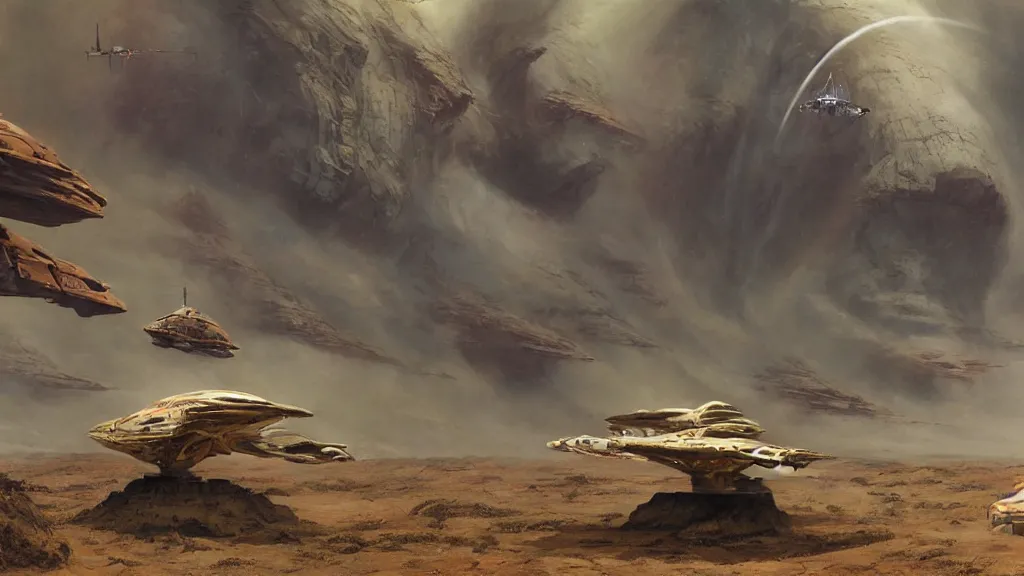 Image similar to organic dropship lander by john schoenherr and jim burns, epic cinematic matte painting