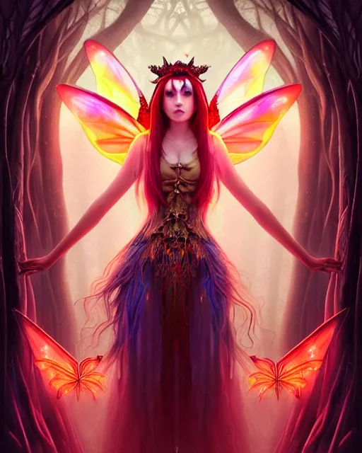 Prompt: stunningly beautiful female faerie priestess in amanita muscaria forest landscape, symmetrical wings on back, symmetrical face, neon hair, fantasy art, dark light night, sharp focus, digital painting, 4 k, concept art, art by wlop, artgerm, greg rutkowski and alphonse mucha