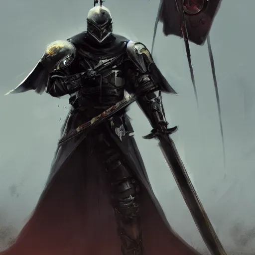 Image similar to a fallen knight with a closed helmet and cloak sits menacingly on a throne with a sword in his hand against a black imperial flag, artstation trands, cinematic light, colorful