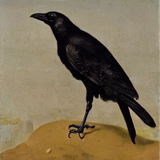 Prompt: portrait of a crow looking over his shoulder, body facing forward and head backwards towards the viewer, oil painting in the style of bieter bruegel the elder, highly detailed and crisp render of distressed feathers, eyes made out of reflective chrome like a mirror