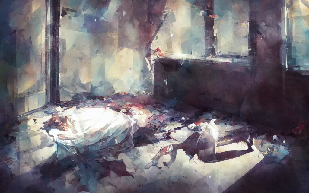 Image similar to a painting of dreaming in beds of the void empty desires rooms, light from the window casting her shadow dreams, style of adrian ghenie