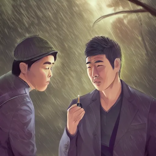 Image similar to One rainy day, a burly asian detective and a young asian male scientist were talking in front of a villa seriously. digital art,trending on artstation.