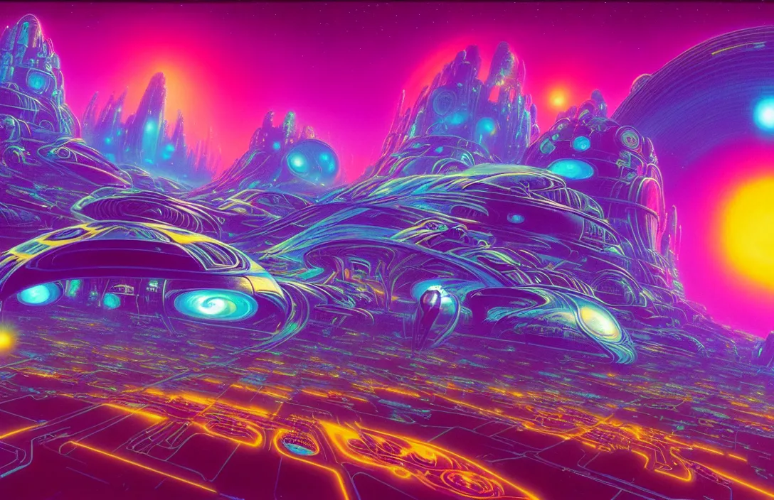 Image similar to cosmic sci - fi exo citys, infinite psychedelic waves, synthwave, bright neon colors, highly detailed, cinematic, panoramic, tim white, michael whelan, roger dean, bob eggleton, lisa frank, vladimir kush, kubrick, james gurney, giger