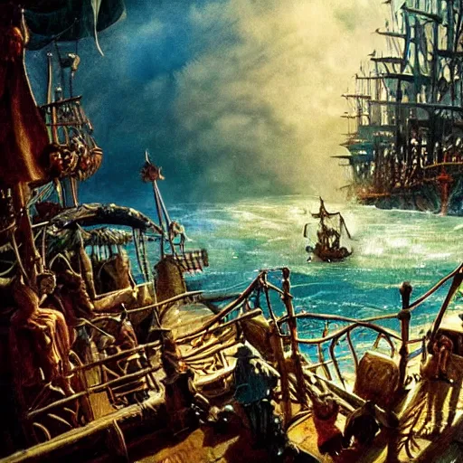 Prompt: waterpark on a pirate ship painting by brain froud, charles vess, cinematic lighting, epic composition, highly detailed