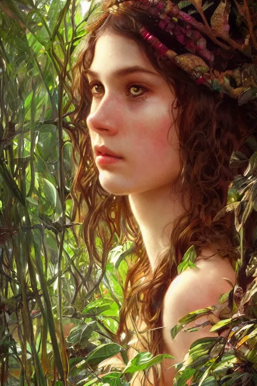 Prompt: ultra realistic illustration, bohemian girl in jungle, close up, staring directly into camera, intricate, elegant, highly detailed, digital painting, artstation, concept art, smooth, sharp focus, illustration, art by artgerm and greg rutkowski and alphonse mucha