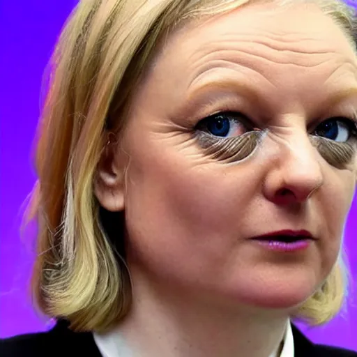 Image similar to A photo of reptilian, snake eyes, slit pupils, metallic scales, Liz Truss