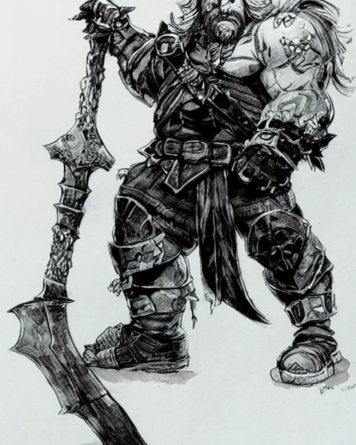 Image similar to Dwarf Barbarian, drawn by Yoji Shinkawa, water color, Dungeons and Dragons, Wizards of the Coast