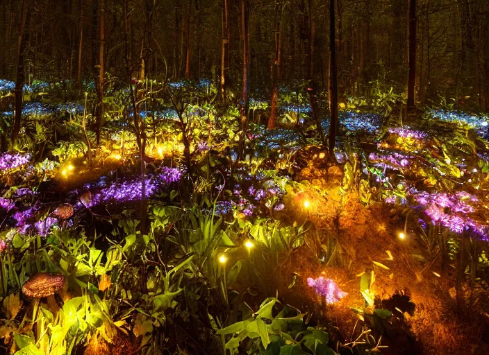 Prompt: glowing delicate flower and mushrooms that grow in a dark fatansy forest at night on the planet Pandora,