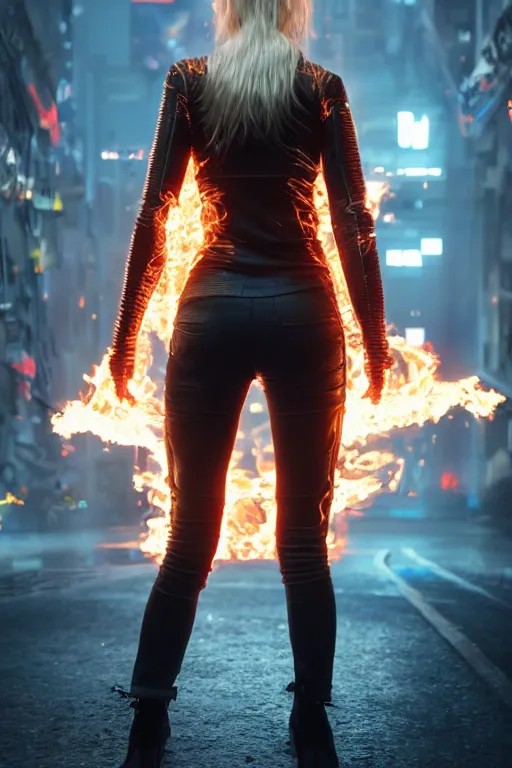 Prompt: beautiful young blonde woman from behind playing with flames coming out of her skin wearing a long matrix style jacket, realistic, high definition, many details, dramatic scene, symmetrical face, realistic eyes, cyberpunk art 2077