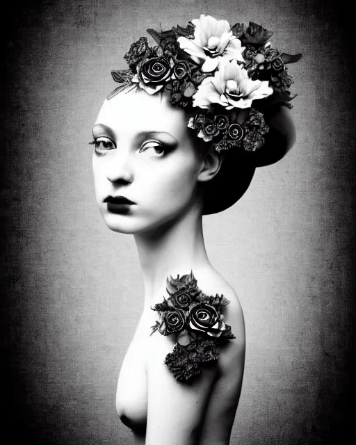 Prompt: a black and white high quality dreamy photo of a young beautiful female queen-pale dragon-vegetal-many big steampunk flowers-cyborg bust with a very long neck, elegant, highly detailed, poetic, soft, dreamy, mysterious, high fashion, rim light, in the style of Diane Arbus, Realistic, Refined, Digital Art, Highly Detailed, Cinematic Lighting, rim light, black and white, photo-realistic, 8K