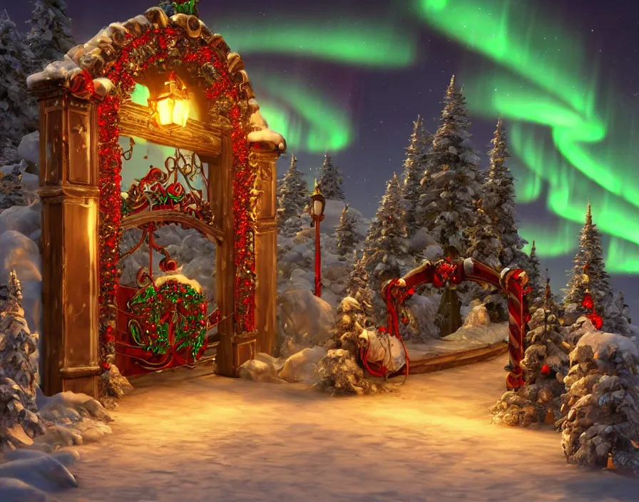 Image similar to a very detailed concept art of intricate and well designed jingle bell gates to north pole, infused with aurora borealis, dynamic lighting, trending on artstation, path traced, highly detailed, high quality, digital painting, digital art, 4 k, hyper realistic, octane render, sharp focus