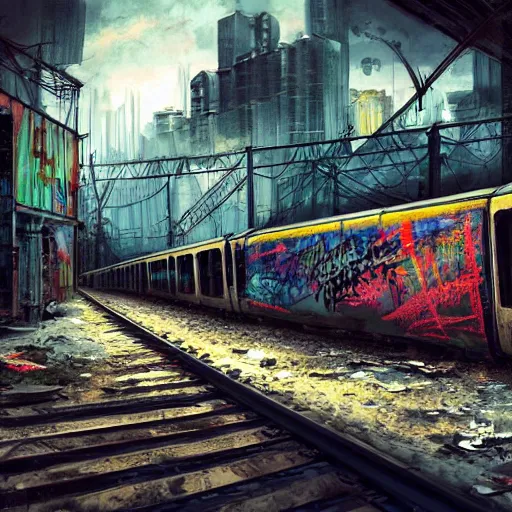 Prompt: a punk painting graffitis on a train wagon full of graffitis in an abandoned train yard at sunset, cyberpunk city, melancholic atmosphere, matte painting, revok, jonone, epic masterpiece, romanticism, cope 2, digital art, ultra detailed, trending on artstation, marc simonetti,