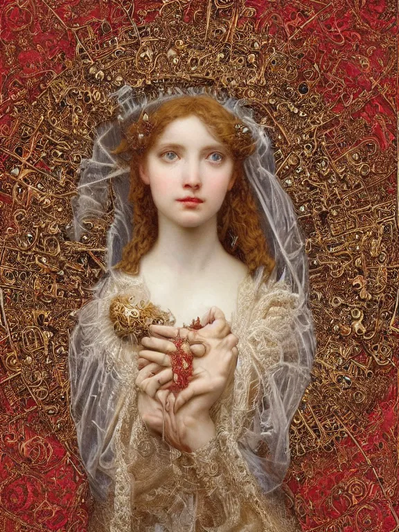 Image similar to a beautiful render of baroque catholic veiled between the red queen and the white queen,sculpture with symmetry intricate detailed,by Lawrence Alma-Tadema, peter gric,aaron horkey,Billelis,trending on pinterest,hyperreal,jewelry,gold,intricate,maximalist,glittering,golden ratio,cinematic lighting