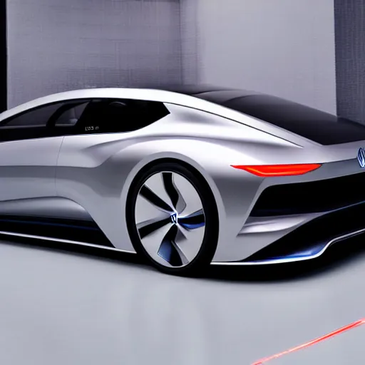 Prompt: a concept volkswagen vision gran turismo ID.R silver supercar inside a dark showroom with studio spotlights reflecting on the bodywork